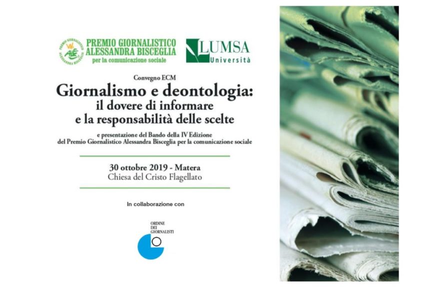 A Matera convegno “Giornalismo e Deontologia: il dovere di informare e la responsabilità delle scelte” e  presentazione del  Premio  Alessandra Bisceglia