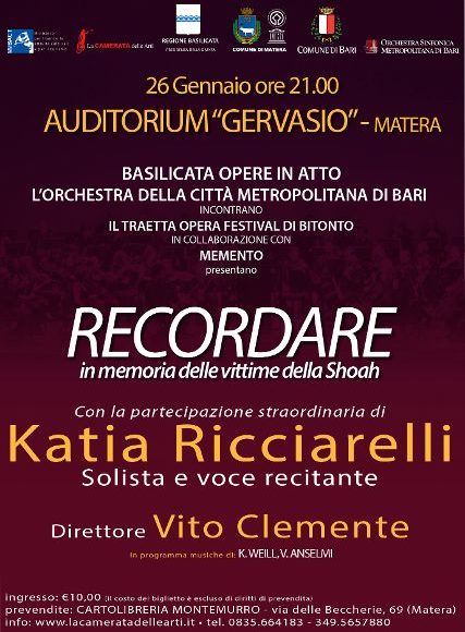 Matera: il 26 la Camerata delle Arti presenta “Recordare”, il concerto in memoria delle vittime della Shoah con Katia Ricciarelli e l’Orchestra Metropolitana della città di Bari