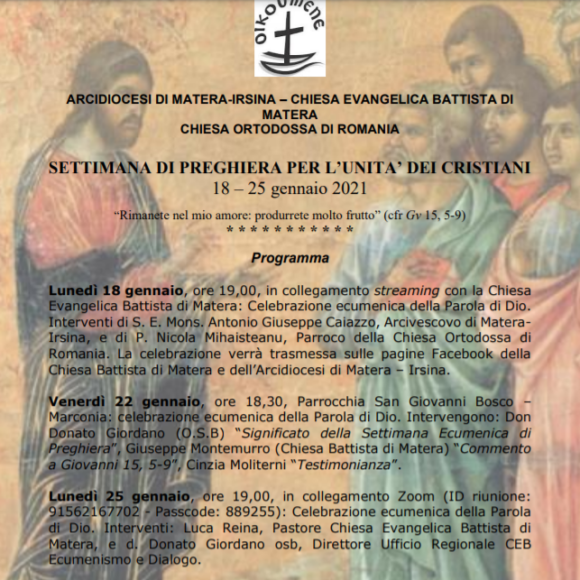 Settimana-preghiera Arcidiocesi di Matera-Irsina, settimana di preghiera per l’unità dei cristiani (18-25 gennaio)