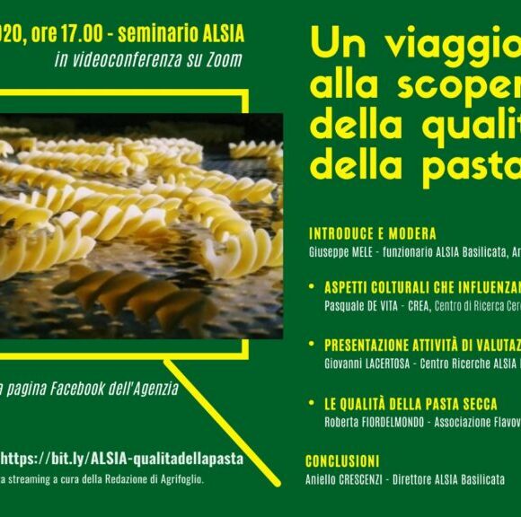 “Un viaggio alla scoperta della qualità della pasta”. L’11 seminario ALSIA in videoconferenza