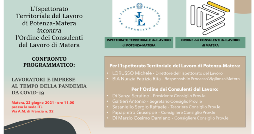 Domani a Matera “Lavoratori e imprese al tempo della pandemia da Covid-19”