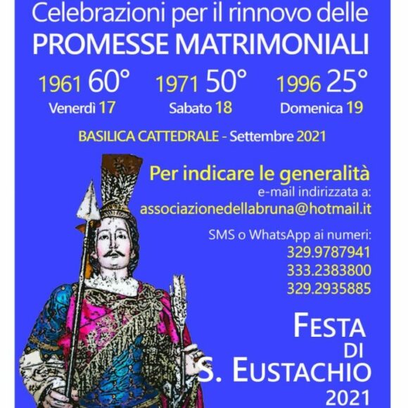 Festa di sant’Eustachio 2021: a Matera rinnovo delle promesse matrimoniali in occasione del 25°, 50° o 60° anniversario di matrimonio