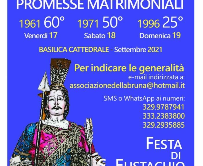 Festa di sant’Eustachio 2021: a Matera rinnovo delle promesse matrimoniali in occasione del 25°, 50° o 60° anniversario di matrimonio