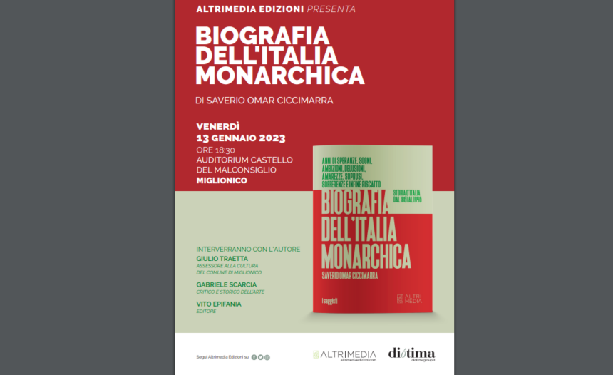 “Biografia dell’Italia monarchica. Storia d’Italia dal 1861 al 1946” di Saverio Omar Ciccimarra: presentazione oggi a Miglionico, auditorium del Castello del Malconsiglio