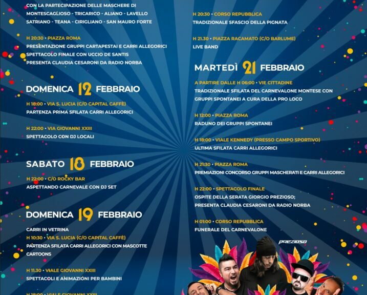Montescaglioso, da domenica 5 febbraio torna il Carnevale