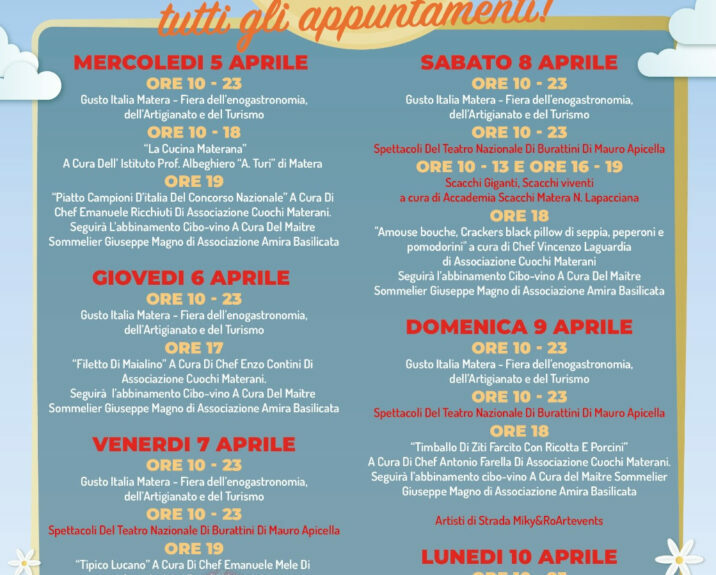 Gusto Italia riparte da Matera: festività pasquali nella città dei Sassi, dal 5 al 10 aprile tra via Luigi La Vista e piazza Vittorio Veneto