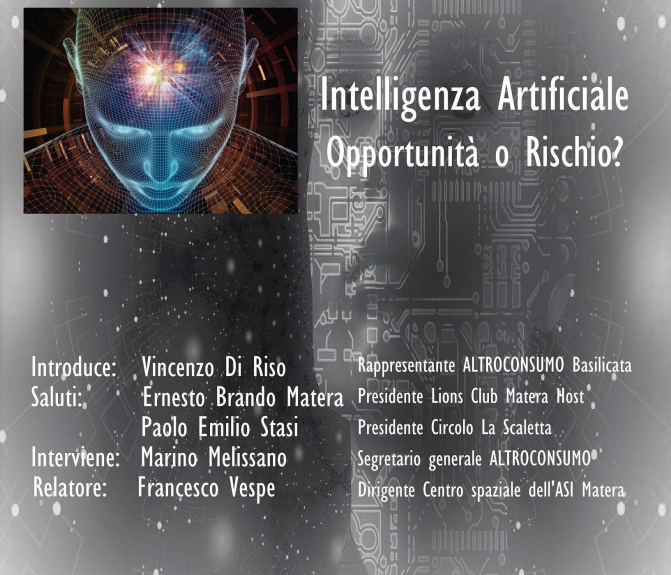 “Intelligenza Artificiale. Opportunità o rischio?”: appuntamento il 19 a Matera con Altroconsumo Basilicata: ospite Francesco Vespe dell’Agenzia Spaziale Italiana
