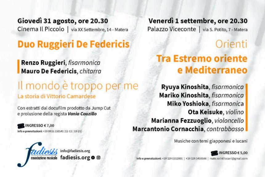 La XII edizione del Fadiesis Accordion in Basilicata dedica un concerto a Vittorio Camardese. Due appuntamenti a Matera per il Festival Internazionale fisarmonicistico: il 31 agosto e il primo settembre