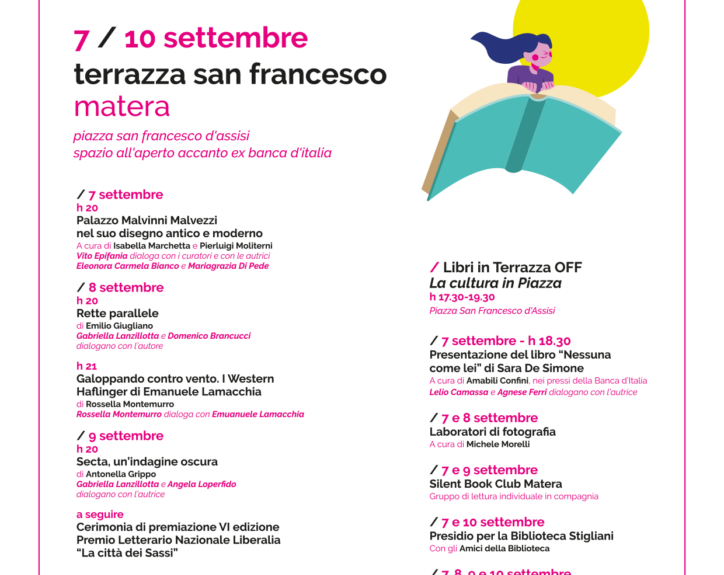 “Libri in Terrazza”: dal 7 al 10 settembre a Matera la quarta edizione del Festival letterario promosso da Diotima in collaborazione con Altrimedia edizioni e Liberalia ETS