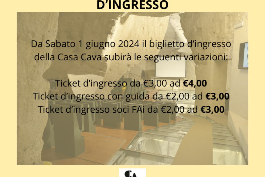 Da Sabato 1 giugno 2024 Casa Cava cambierà il costo d’ingresso per la visita della struttura.