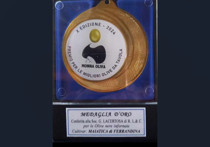 Alla Società Giovanni Lacertosa di Rosanna Lacertosa & C. di Ferrandina la medaglia d’oro per le Olive nere infornate nell’ambito della decima edizione di “Monna Oliva – Premio per le migliori olive da tavola”