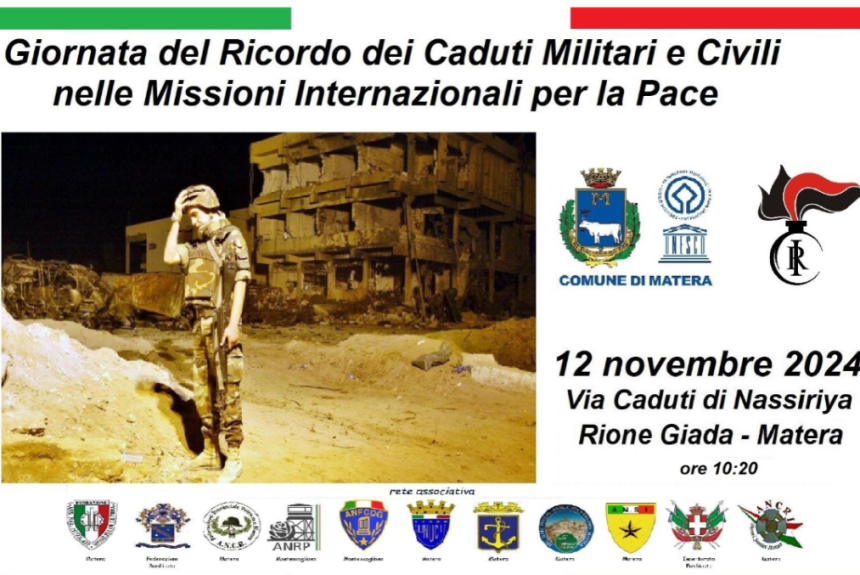 Il 12 novembre Giornata del ricordo dei Caduti militari e civili nelle missioni internazionali per la pace. Momento commemorativo a Matera in via Caduti di Nassiriya
